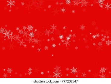 Falling white christmas snow on red. Vector New Year snowflake abstract background. Glitter confetti. Snowflakes decoration effect. Winter holiday print. Snowfall texture for poster, banner, card.
