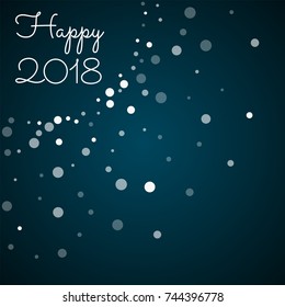 Falling white dots Happy 2018 greeting card on blue background. Charming vector illustration.