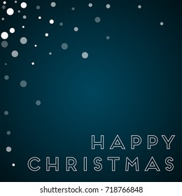 Falling white dots Happy Christmas greeting card on blue background. Delightful vector illustration.