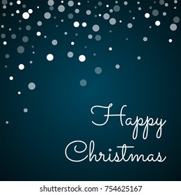 Falling white dots Happy Christmas greeting card on blue background. Gorgeous vector illustration.