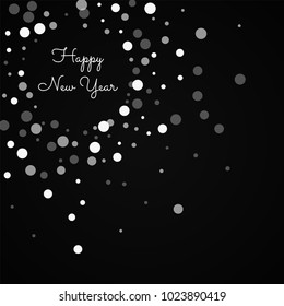 Falling white dots Happy New Year greeting card on black background. Beautiful vector illustration.