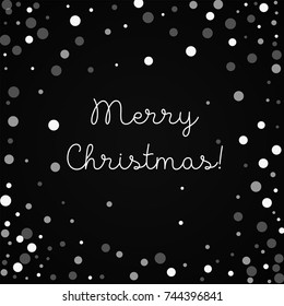 Falling white dots Merry Christmas greeting card on black background. Unusual vector illustration.