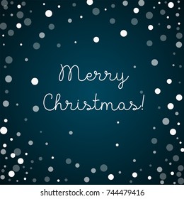 Falling white dots Merry Christmas greeting card on blue background. Unusual vector illustration.