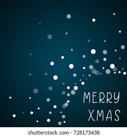 Falling white dots Merry Xmas greeting card on blue background. Amazing vector illustration.