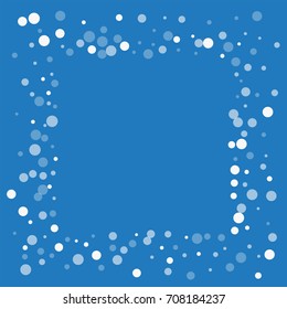 Falling white dots. Square messy frame with falling white dots on blue background. Vector illustration.