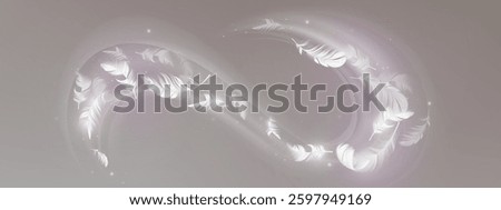 Falling white feathers in luminous swirling vortex. 3d abstract digital illustration of delicate plumage with sparkling particles. Realistic dream fantasy design element. Mystical pastel background.