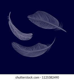 Falling white fluffy feathers on blue background, vector illustration