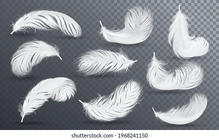 Falling white fluffy twirled feather set, isolated Goose feathers realistic style, vector 3d illustration.