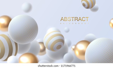 Falling white and golden soft spheres. Vector realistic illustration. Abstract background with 3d geometric shapes. Modern cover design. Ads banner template. Dynamic wallpaper with balls or particles