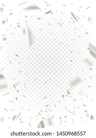 Falling white shiny confetti on transparent background and pieces of serpentine and foil. Glossy silver festive tinsel. Fun party. Holiday design elements for web banner, poster or invitation.