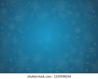 Falling white snow with blue winter sky. Merry Christmas and New Year background, banner, poster, card. Vector winter snowflakes illustration. Holiday backdrop style with fall shining snow. 