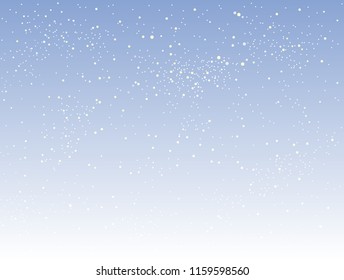 Falling white snow with blue winter sky. Merry Christmas and New Year background, banner, poster, card. Vector winter snowflakes illustration. Holiday backdrop style with fall shining snow. 