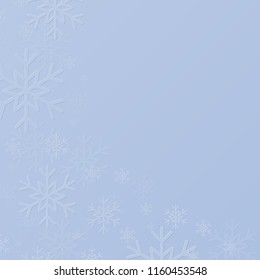 Falling white snow with blue winter sky. Merry Christmas and New Year background, banner, poster, card. Vector winter snowflakes illustration. Holiday backdrop style with fall shining snow. 