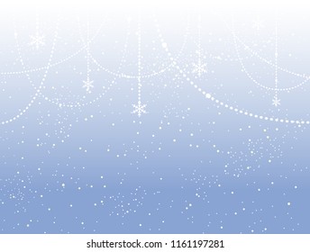 Falling white snow with blue winter sky and glowing garland. Merry Christmas and New Year background, banner, poster, card. Holiday backdrop style with fall shining snow and slight bulb.