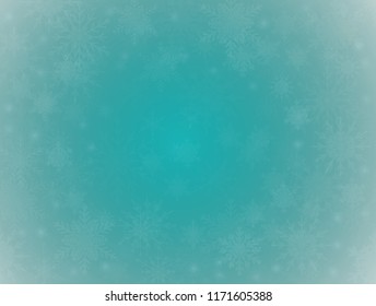 Falling white snow with blue winter sky. Merry Christmas and New Year background, banner, poster, card. Vector winter snowflakes illustration. Holiday backdrop style with fall shining snow. 