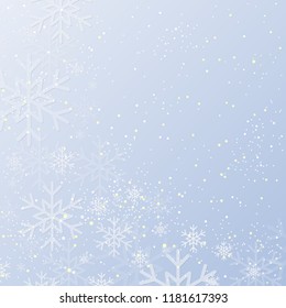 Falling white snow with blue winter sky. Merry Christmas and New Year background, banner, poster, card. Vector winter snowflakes illustration. Holiday backdrop style with fall shining snow. 