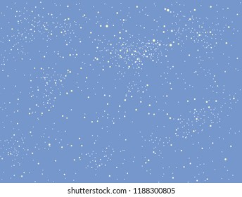 Falling white snow with blue winter sky. Merry Christmas and New Year background, banner, poster, card. Vector winter snowflakes illustration. Holiday backdrop style with fall shining snow. 