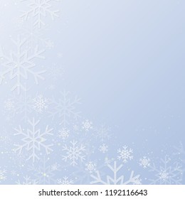 Falling white snow with blue winter sky. Merry Christmas and New Year background, banner, poster, card. Vector winter snowflakes illustration. Holiday backdrop style with fall shining snow. 