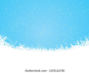 Falling white snow with blue winter sky. Merry Christmas and New Year background, banner, poster, card. Vector winter snowflakes illustration. Holiday backdrop style with fall shining snow. 