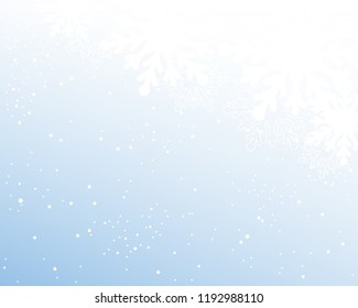 Falling white snow with blue winter sky. Merry Christmas and New Year background, banner, poster, card. Vector winter snowflakes illustration. Holiday backdrop style with fall shining snow. 