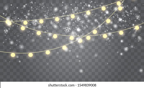 Falling white snow with blue winter sky and glowing garland. Merry Christmas and New Year.Christmas vector background. Glowing lights for Xmas Holiday cards, banners, posters, web design. Garlands