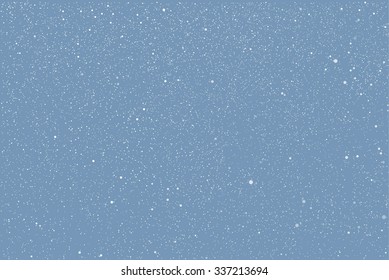 Falling white snow with blue winter sky. Merry Christmas and New Year background, banner, poster, card. Vector winter snowflakes illustration. Holiday backdrop style with fall shining snow. 