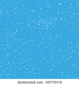 Falling white snow with blue winter sky. Merry Christmas and New Year background, banner, poster, card. Vector winter snowflakes illustration. Holiday backdrop style with fall shining snow. 