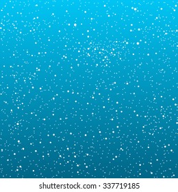 Falling white snow with blue winter sky. Merry Christmas and New Year background, banner, poster, card. Vector winter snowflakes illustration. Holiday backdrop style with fall shining snow. 