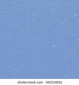 Falling white snow with blue winter sky. Merry Christmas and New Year background, banner, poster, card. Vector winter snowflakes illustration. Holiday backdrop style with fall shining snow. 