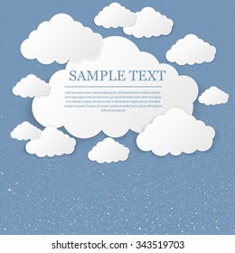Falling white snow with blue winter sky and clouds. Merry Christmas and New Year background, banner, poster, card. Vector winter snowflakes. Holiday backdrop style with fall shining snow.