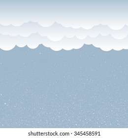 Falling white snow with blue winter sky and clouds. Merry Christmas and New Year background, banner, poster, card. Vector winter snowflakes. Holiday backdrop style with fall shining snow.