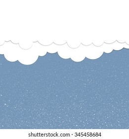 Falling white snow with blue winter sky and clouds. Merry Christmas and New Year background, banner, poster, card. Vector winter snowflakes. Holiday backdrop style with fall shining snow. 