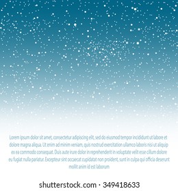 Falling white snow with blue winter sky. Merry Christmas and New Year background, banner, poster, card. Vector winter snowflakes illustration. Holiday backdrop style with fall shining snow. 