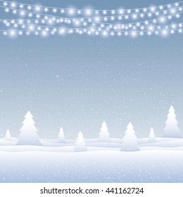 Falling white snow with blue winter sky and glowing garland. Merry Christmas and New Year background, banner, poster, card. Holiday backdrop style with fall shining snow and slight bulb.trees.