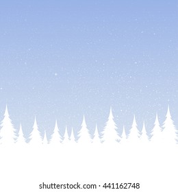 Falling white snow with blue winter sky and forest. Merry Christmas, New Year background, banner, poster, card. Vector winter snowflakes. Holiday backdrop style with fall shining snow trees.