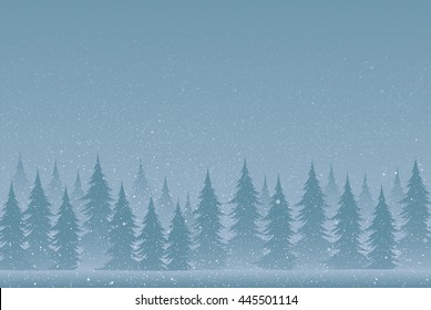 Falling white snow with blue winter sky and forest. Merry Christmas, New Year background, banner, poster, card. Vector winter snowflakes. Holiday backdrop style with fall shining snow trees.