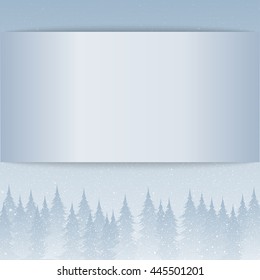 Falling white snow with blue winter sky and forest. Merry Christmas, New Year background, banner, poster, card. Vector winter snowflakes. Holiday backdrop style with fall shining snow trees.