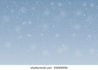 Falling white snow with blue winter sky. Merry Christmas and New Year background, banner, poster, card. Vector winter snowflakes illustration. Holiday backdrop style with fall shining snow. 