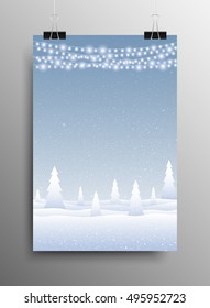 Falling white snow with blue winter sky and glowing garland poster template hanging on clip binders. Christmas background. Holiday backdrop style with fall shining snow and slight bulb.