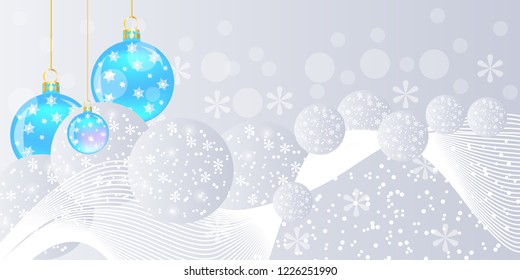 Falling white snow and christmas balls on silver background. Christmas background. Winter pattern with snowflakes, snowfall and balls. Vector illustration.