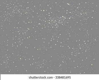 Falling white snow with grey winter sky. Merry Christmas and New Year background, banner, poster, card. Vector winter snowflakes illustration. Holiday backdrop style with fall shining snow. 