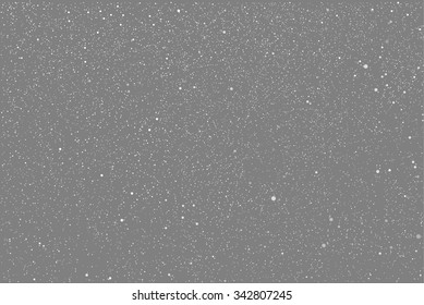 Falling white snow with grey winter sky. Merry Christmas and New Year background, banner, poster, card. Vector winter snowflakes illustration. Holiday backdrop style with fall shining snow. 