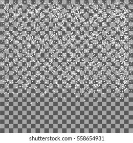 Falling white snow isolated on transparent background. Snowfall.  Vector illustration