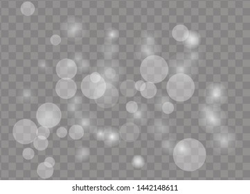Falling white snow on transparent background.White spark glitter with glow light effect.Glow light effect on transparent background. Flash light effect.