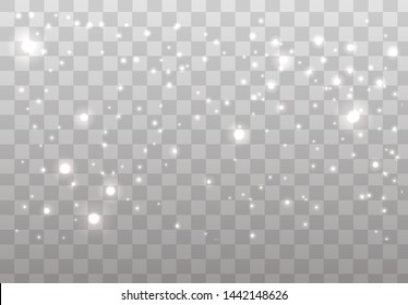 Falling white snow on transparent background.White spark glitter with glow light effect.Glow light effect on transparent background. Flash light effect.