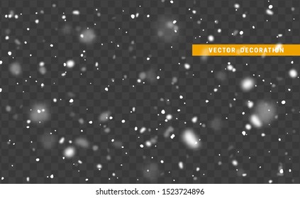 Falling white snow on transparent background. Texture winter snowflakes.