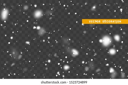 Cae nieve blanca sobre fondo transparente. Copos de nieve de invierno de textura.