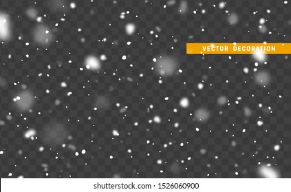 Falling white snow on transparent background. Texture winter snowflakes.