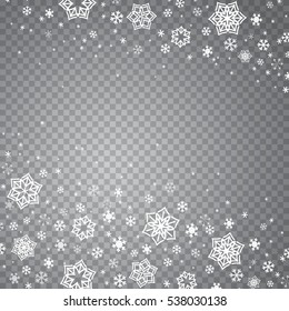 Falling white snow on a transparent background. Abstract snowflake background for your winter design. Vector illustration.
