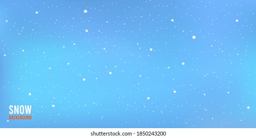 Falling white snow over blue sky background. Vector